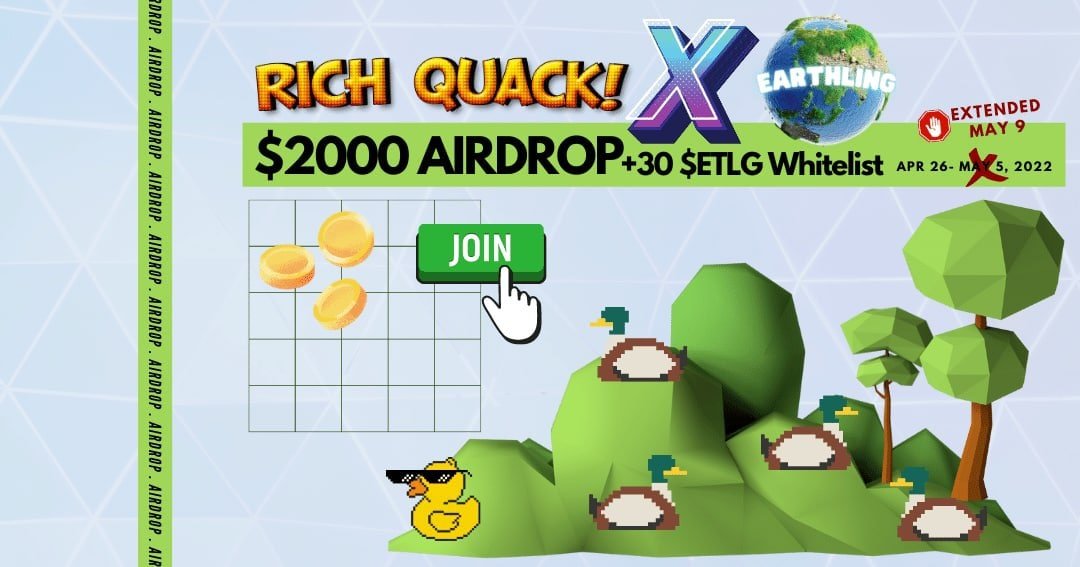 CryptoTownEU's tweet photo. 🚀 Airdrop: RichQuack X Earthling
💰 Value: $1000 worth $QUACK,$1000 in BUSD &amp; Level 1 whitelist allocation
👥 Referral: 3 Entries
📅 End Date: 9th May, 2022
🏦 Distribution Date: 16th May, 2022

Go to the Airdrop Page
https://t.co/1LTIMXfJlQ

#Airdrop #Airdrops #Crypto #Giveaway https://t.co/aVQit69KC5