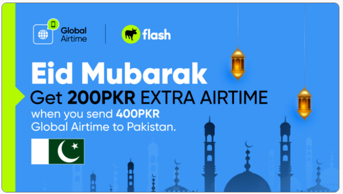 flashgroup_za's tweet photo. Eid Mubarak!
In the spirit of feasting and celebration, weโre giving your receiver 200 PKR EXTRA AIRTIME (50% BONUS) when you send 400PKR (600PKR total) Global Airtime to Pakistan.
Offer only on the 400PKR voucher denomination.
Offer valid from 3 โ 5 May
#Pakistan #Flashshop https://t.co/ACsJ4uD5CG