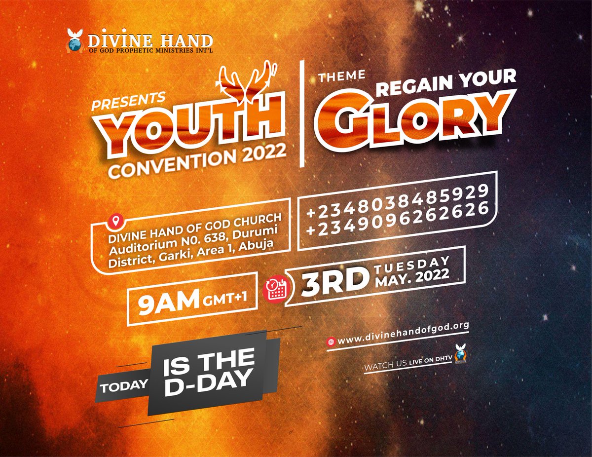 DivineHandofGod's tweet photo. Glory!
The Day is Finally Here! 
It’s the 2022 Youth Convention - REGAIN YOUR GLORY.

Don’t miss this opportunity for a Life-Changing Encounter. 
Come with Great Expectations.
📍 https://t.co/OJeeuaBwVQ