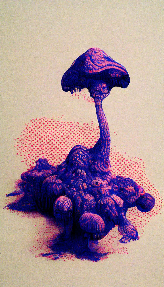 Somnai_dreams's tweet photo. `ink cap monster fungi, haunting maximillien tuor painting with photoshop halftone highlights | chromatic risograph print` 🍄 https://t.co/uAB7AzQFPF