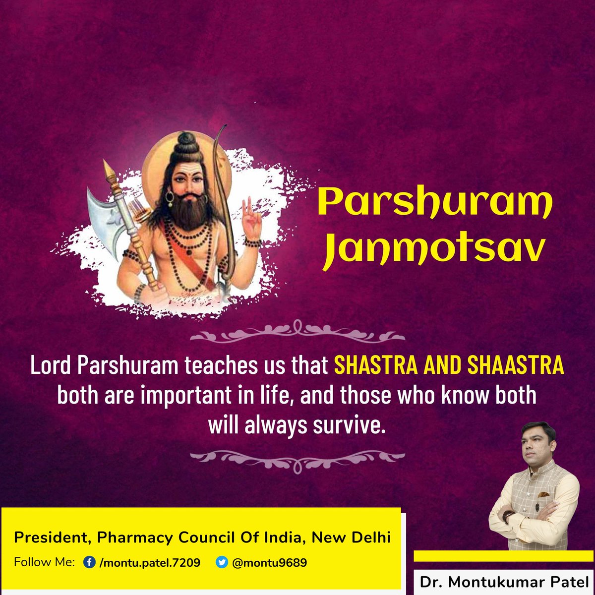 DrMontuPatel's tweet photo. Heartfelt greetings on the auspicious occasion of Parshuram Jayanti. May Lord Parshuram bless us with strength &amp; knowledge.

#parshuramjayanti https://t.co/78t89B9Mns