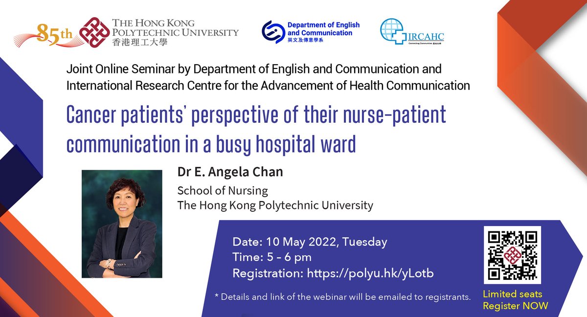 This joint seminar with <a href="/ircahc/">IRCAHC</a> will have Dr Angela Chan <a href="/PolyU_Nursing/">PolyU Nursing</a> to explore cancer patients’ perceptions and the meanings of their psychosocial care from their nurse-patient communication and interactions in a hospital setting in HK. Registration👉polyu.hk/yLotb
