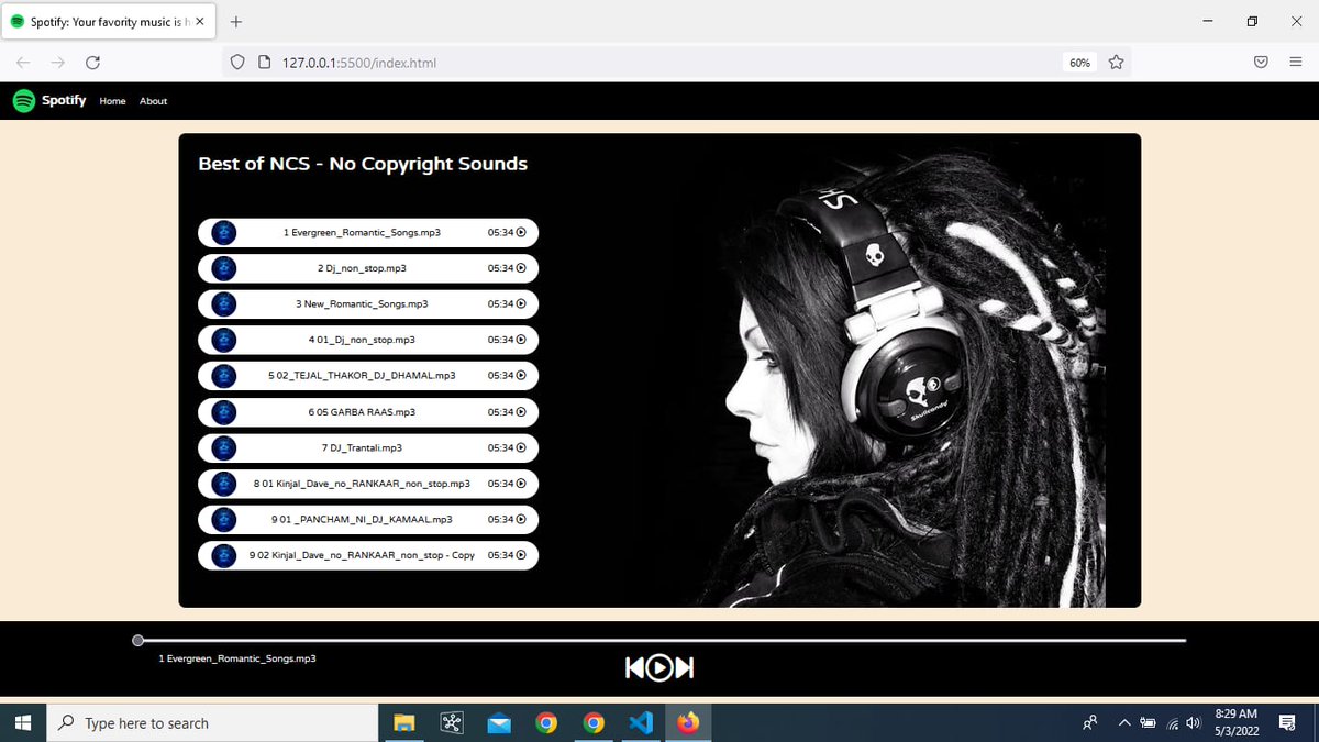 BrijBest's tweet photo. Successfully created a #Spotify clone using only #HTML #CSS &amp; #javascript and uploaded on #github

Thanks @CodeWithHarry1 for all your efforts and Coaching

#codinglife #project #webdevelopment https://t.co/YhOcfRfhE9