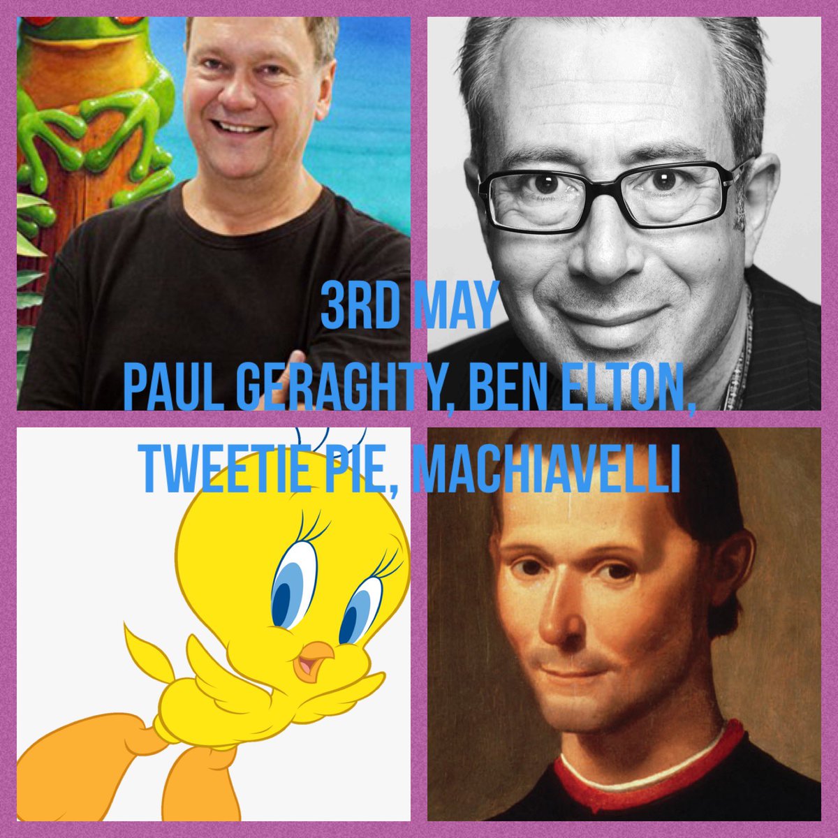 ks2literacy's tweet photo. #authorbirthdays 3rd May: Happy Birthday to Paul Geraghty, Ben Elton, Machiavelli and Tweetie Pie! https://t.co/PHHHWIb3FX