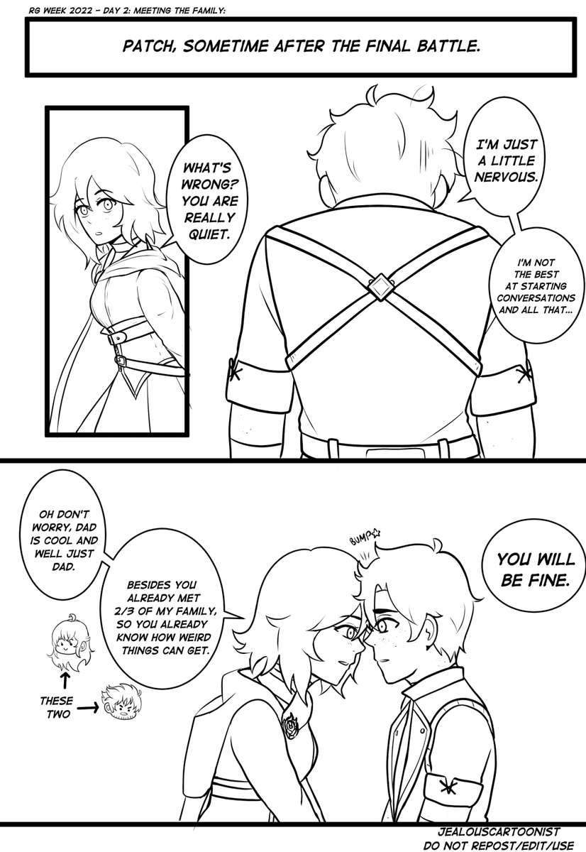 JealousCartoon's tweet photo. For the #rosegardenweek​

Day 2: Meeting the family
Managed to finish the last page today :D!
I had these outfits on an old sketchbook  so I used them✨
#rwbyrosegarden #rgweek https://t.co/3XPGuzUKWn