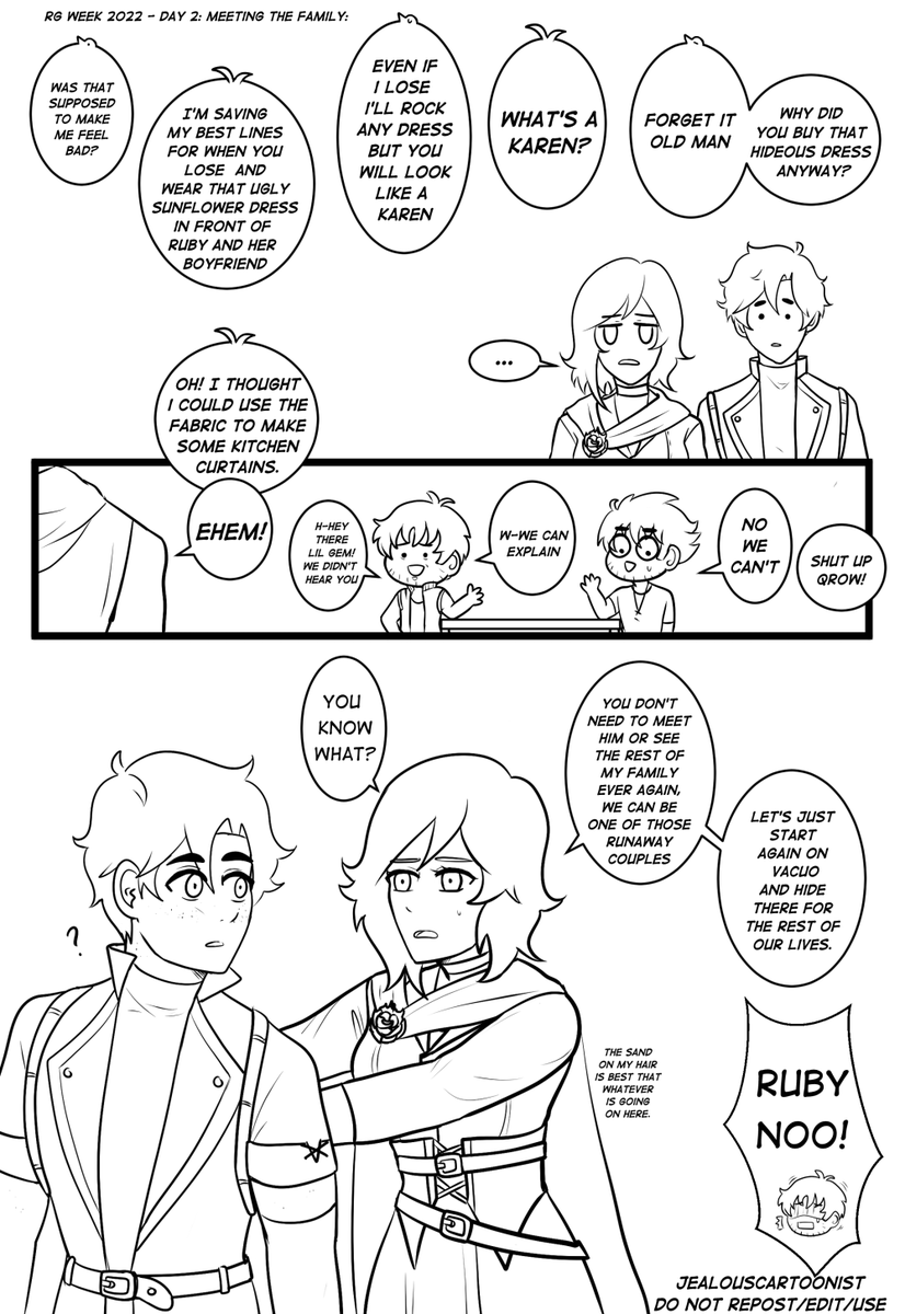 JealousCartoon's tweet photo. For the #rosegardenweek​

Day 2: Meeting the family
Managed to finish the last page today :D!
I had these outfits on an old sketchbook  so I used them✨
#rwbyrosegarden #rgweek https://t.co/3XPGuzUKWn