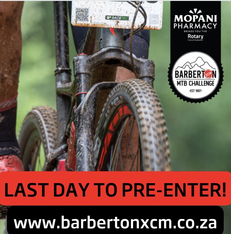 Pre-entries for the 2022 Barberton XCM close TODAY at 23h! Be part of this legendary race - ENTER NOW: barbertonxcm.co.za 
#BarbertonXCM #DaisyWarrior <a href="/stranners/">Joel Stransky</a> <a href="/Gawiecombrinck/">Gawie Combrinck</a> <a href="/MtbApp/">MtbApp</a> <a href="/MtbApp/">MtbApp</a> <a href="/alangordon_mtb/">Alan Gordon</a> <a href="/SAmarathonMTB/">SA Marathon MTB</a> <a href="/dirtyheartmtb/">DirtyHeart Womens MTB</a>