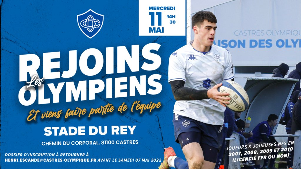 Tu es né(e) en 2007, 2008, 2009 ou 2010 ? Licencié(e) FFR ou non ? Et tu souhaites devenir un Olympien ? Inscris toi et retrouve nous le mercredi 11 mai 2022 à partir de 14h30 au Stade du Rey.

Infos et inscriptions : urlz.fr/i9rQ