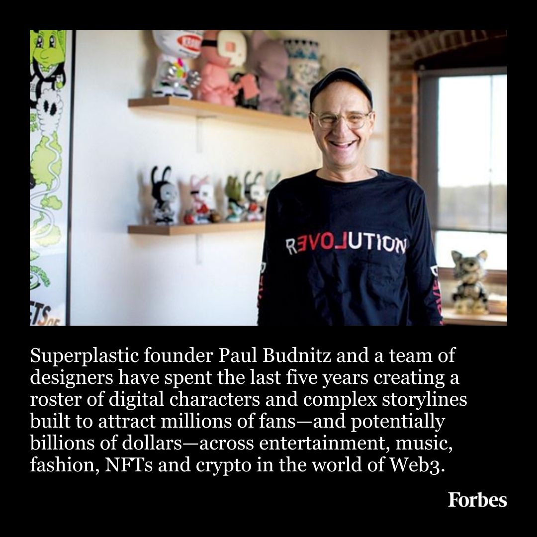 Forbes's tweet photo. Superplastic's Paul Budnitz has built a content studio of zany, multimedia characters designed to thrive in the coming metaverse. It's already harnessed investors like Amazon, Sony Japan and Animoca and Kering– the parent company of Gucci and Balenciaga. https://t.co/a4N91pubzB https://t.co/8eAACb7lmI