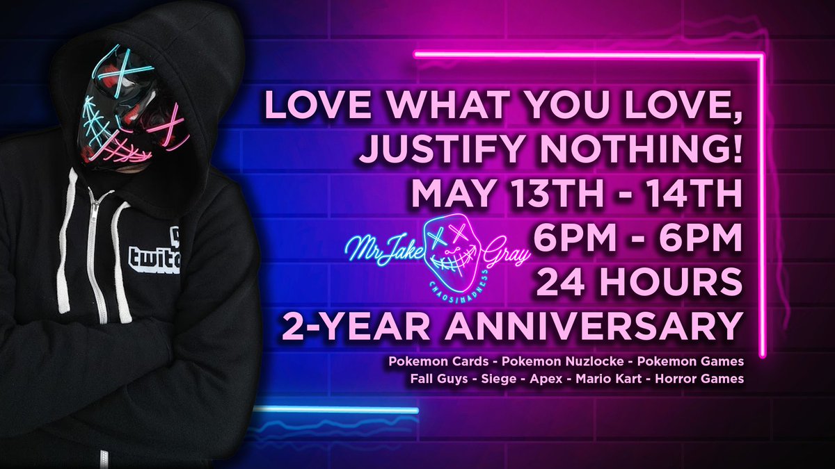 MrJakeGray's tweet photo. Do what you want for yourself.
Love what you love.
#JustifyNothing.
Join me on May 13th from 6PM BST for 24 hours of the things I unapologetically love.
Two years on Twitch.
Feels more like Two Minutes. https://t.co/0nRvfehEJR