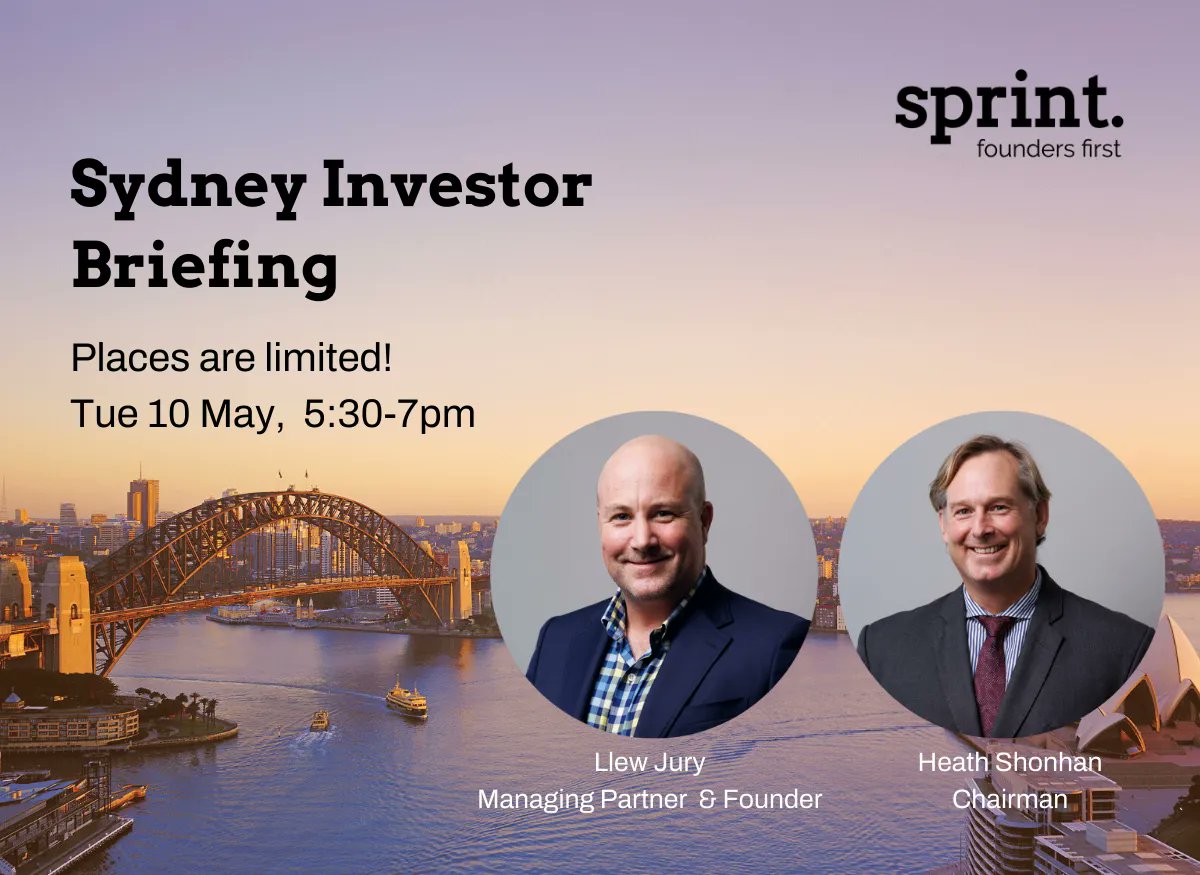 SprintVc's tweet image. The Sprint Investor Roadshow is heading to Sydney! With the Expansion Capital Fund&apos;s first close on 30 June approaching, don&apos;t miss your chance to invest in Australia&apos;s most exciting startups. Tue 10 May. Reserve your seat buff.ly/3F90Nrv