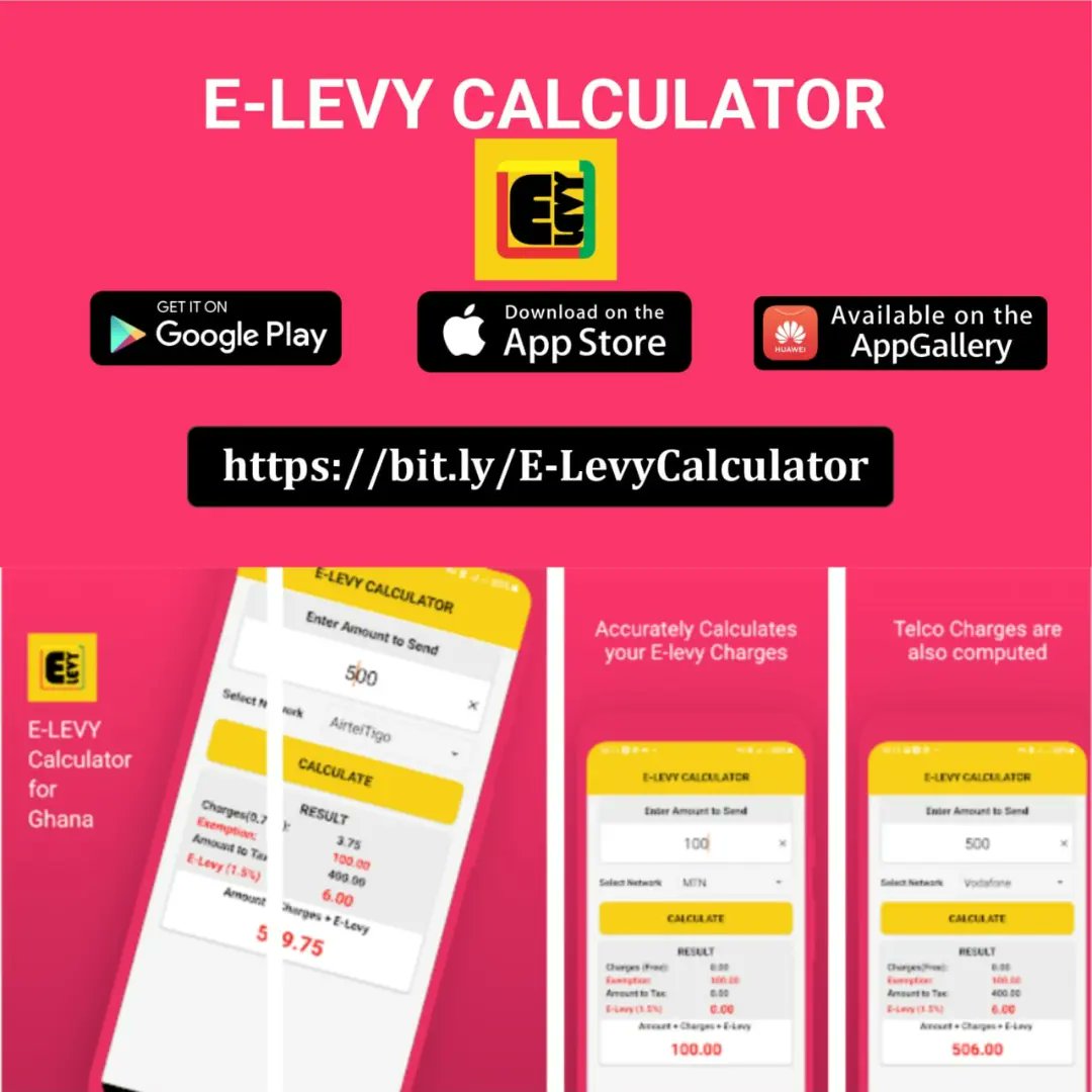 leafecodes's tweet image. Ghanaians we have E-levy calculator for Huawei  bit.ly/E-levyCalculat…
Download and know all charges before hand. #Elevy Sam George #GhanaAtACrossRoad #GhanaCrossroad #GreedyMahama Akufo-addo #daterush #joysms #CitiNewsroom