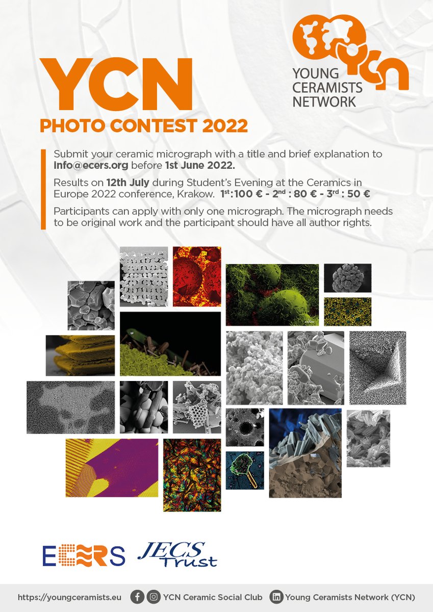 YoungCeramists's tweet photo. ❗️YCN Photo Contest reminder❗️ Deadline: June 1st! 
Do you have a nice ceramics-related micrograph or picture? Submit it to our contest (info@ecers.org)! The winning picture will be used on our social media for the following year and the prizes are: 🥇 100 €, 🥈 80 €, 🥉 50 € https://t.co/6VBbUd3Kqm