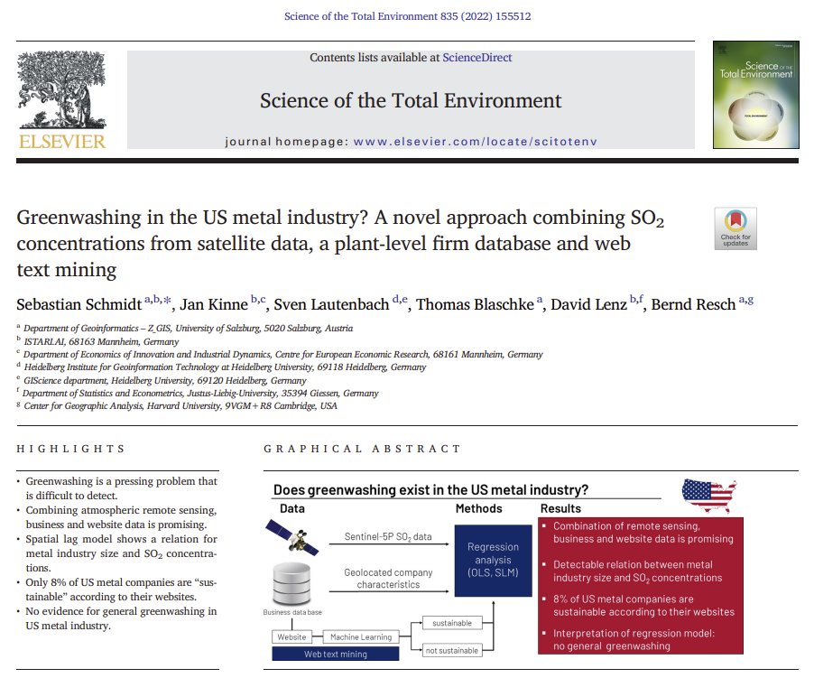 #Greenwashing 🌱 in the US 🇺🇸 metal industry 🏭 ? In our new 🔓 paper <a href="/STOTEN_journal/">STOTEN</a>, we investigate SO2 #emissions of firms portraying as #sustainable. We combine high-resolution #satellite  #data 🛰️ and <a href="/istari_ai/">🧙‍♂️ ISTARI.AI 🧙🏾</a> #AI-based 🤖 web text 📃 analysis: doi.org/10.1016/j.scit…