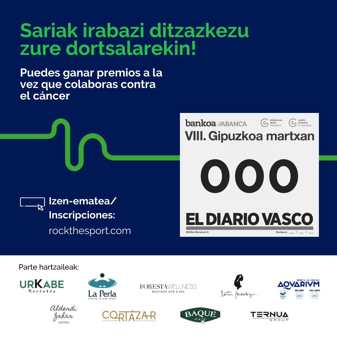 ContraCancerGP's tweet photo. Al participar en la Carrera/Marcha Contra el Cáncer optarás a premios de parte de empresas que han querido colaborar con nosotros. Eskerrik asko! 💚 #urkabe @LaPerlaDonosti #forestawellness @Berasategui @aquariumss @CafeBaque @ternua @GrupoGarrancho #alderdizahar #cortazardonosti https://t.co/BAvpmJFjjk