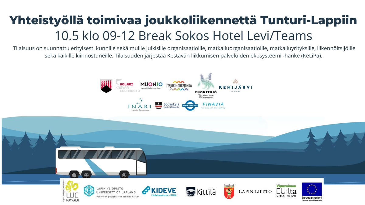 Vielä mahtuu mukaan! Tervetuloa "Yhteistyöllä toimivaa joukkoliikennettä Tunturi-Lappiin" -työpajaan 10.5! Ilmoittautumiset tämän viikon loppuun mennessä. #kestäväliikkuminen #KeLiPa #Tunturilappi arcticmaas.fi/2022/04/yhteis…