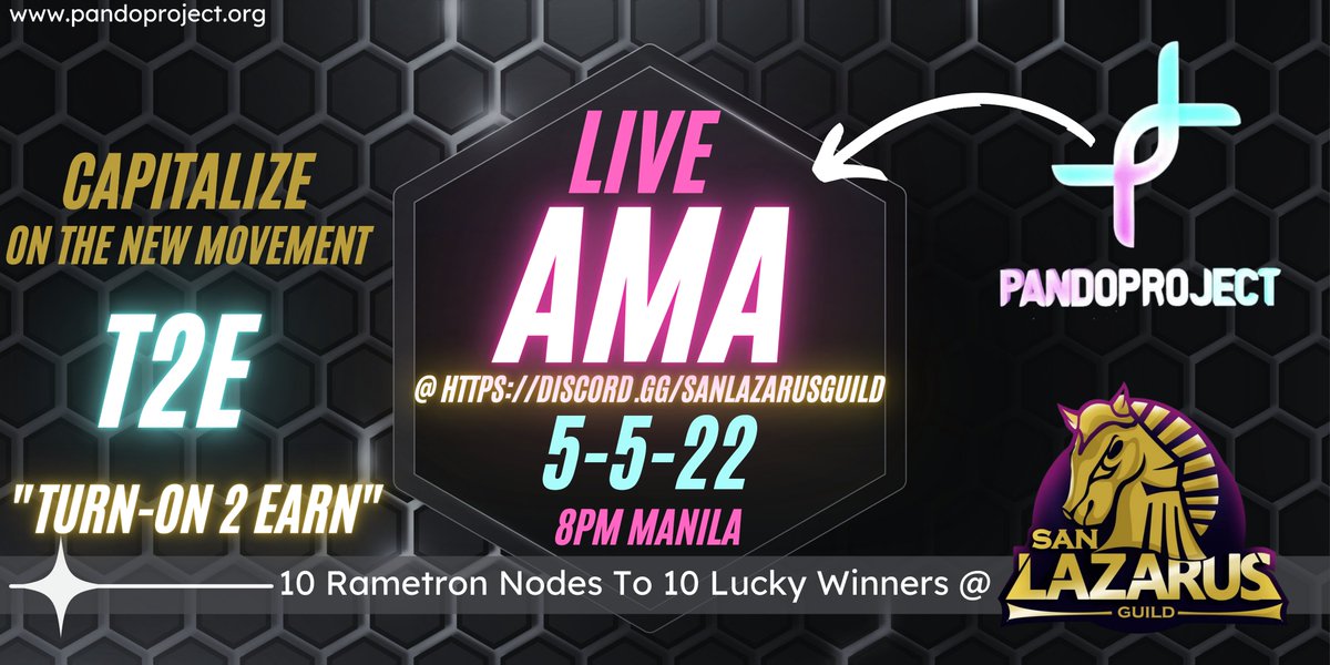 SanLazarusGuild's tweet image. 📌 10 RAMETRON NODES TO 10 LUCKY WINNERS!

Join us on May 5th, 2022 8PM MLA/12PM UTC for another AMA Event with PandoProject.
Don't miss this exciting opportunity!

See you all at discord.gg/sanlazarusguild

#SanLazarusGuild #SLG #letsbridge
#p2e #nft #AMA #Pandoproject