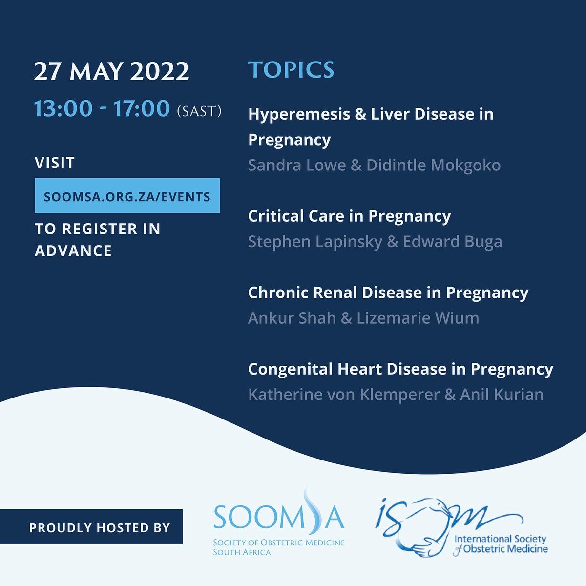 SOOMSA (@obstetricmedsa) on Twitter photo Join us on Friday 27 May for this exciting international collaboration with #ISOM.
<a href="/JZamps/">Jarrod Zamparini</a> <a href="/asho239/">Ayesha Osman</a> <a href="/LizemarieWium/">Lizemarie Wium</a> <a href="/luchell39721679/">luchelle</a> <a href="/StephenLap/">Stephen Lapinsky</a> <a href="/Edbuggie/">Edward Buga</a> <a href="/NephroShah/">Ankur Shah</a> <a href="/akbroscro/">Dr Anil Kurian</a>
#obstetricmedicine #proudlysouthafrican #maternalmedicine Join us on Friday 27 May for this exciting international collaboration with #ISOM.
<a href="/JZamps/">Jarrod Zamparini</a> <a href="/asho239/">Ayesha Osman</a> <a href="/LizemarieWium/">Lizemarie Wium</a> <a href="/luchell39721679/">luchelle</a> <a href="/StephenLap/">Stephen Lapinsky</a> <a href="/Edbuggie/">Edward Buga</a> <a href="/NephroShah/">Ankur Shah</a> <a href="/akbroscro/">Dr Anil Kurian</a>
#obstetricmedicine #proudlysouthafrican #maternalmedicine