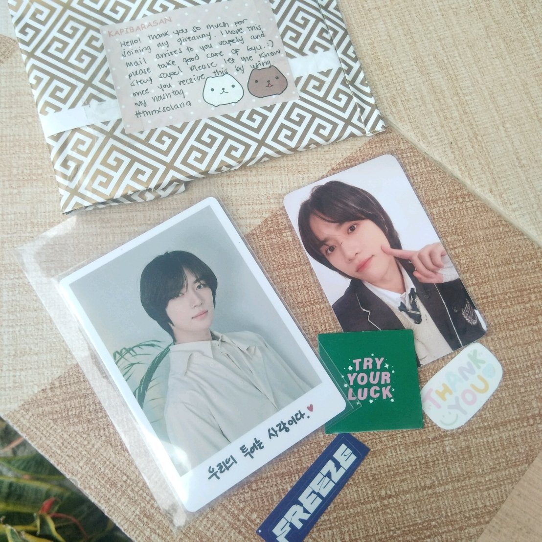 Yeyyy Beomgyu act:boy special card came home!!!
 (´∩｡• ᵕ •｡∩`) Thank you from the bottom of my heart @sinosijakonic 
(@O313hauls)  God bless po!♡💙
 #thnxsolana