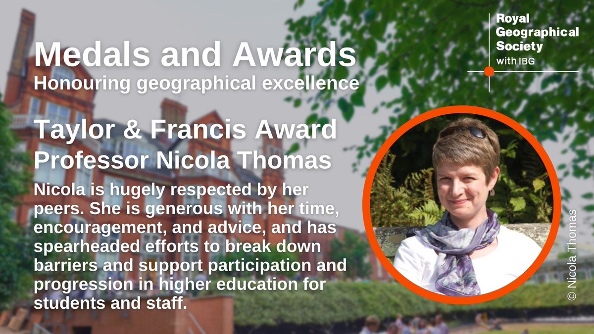RGS_IBG's tweet photo. Congratulations to Taylor &amp; Francis Award recipient, Prof. Nicola Thomas @craftgeography @ExeterGeography for her outstanding leadership in geographical teaching and learning &amp; for developing engaged research-led teaching through community partnerships #geographicalexcellence🏅 https://t.co/KfR6DriebG