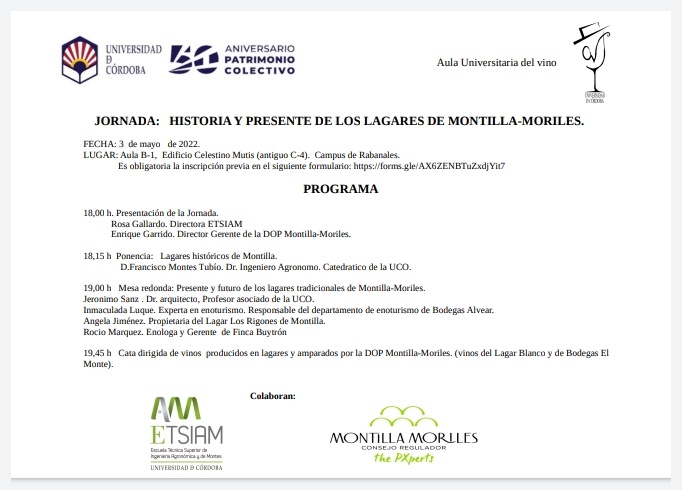 🗣🗣Hoy 3 de Mayo celebraremos la Jornada:

"Historia y Presente de los Lagares de Montilla-Moriles" 🍇 🍾

La jornada tendrá lugar en el Aula B1 (Edificio Celestino Mutis) en el campus de Rabanales

⌚️ 18.00 horas ✔️

En el cartel de la publicación aparecen todos los detalles⬇️