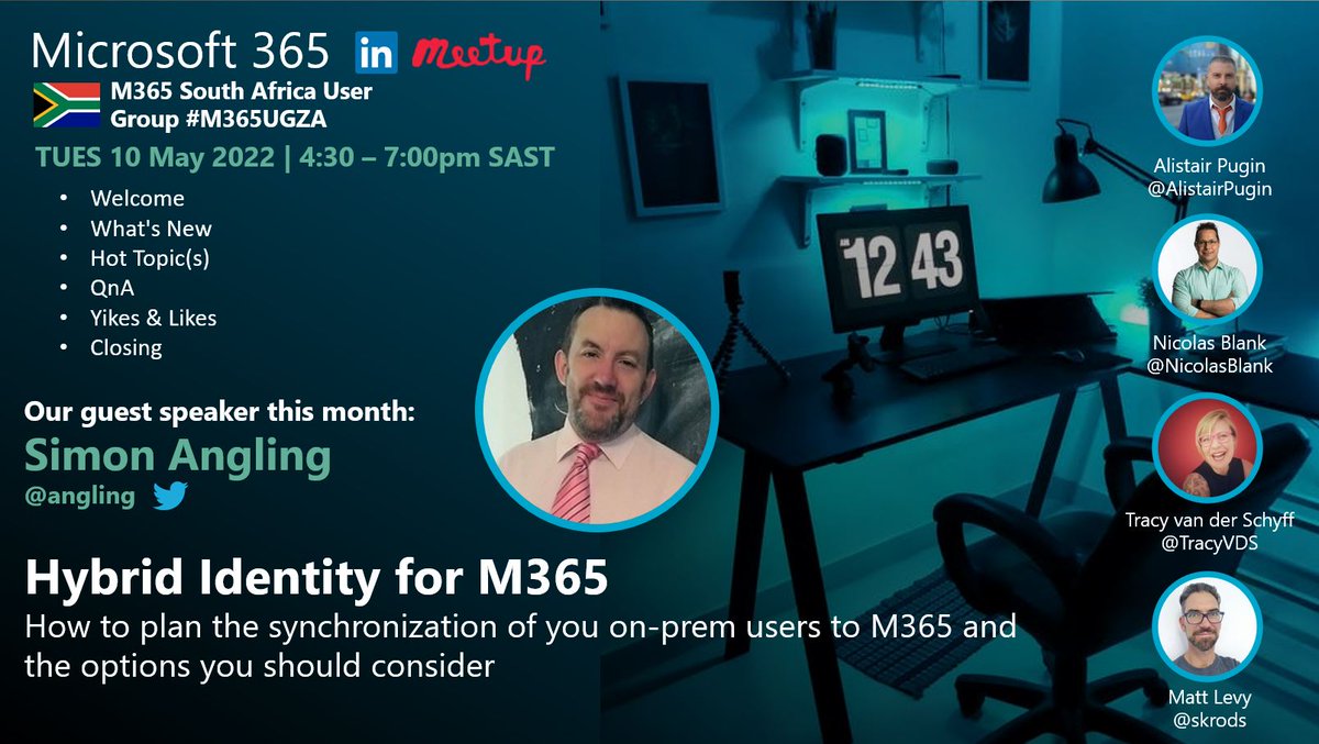 Join us Tues 10th May for our monthly #M365UGZA. This month's guest speaker is <a href="/angling/">Simon Angling</a>  and he'll be chatting about "𝗛𝘆𝗯𝗿𝗶𝗱 𝗜𝗱𝗲𝗻𝘁𝗶𝘁𝘆 𝗳𝗼𝗿 𝗠𝟯𝟲𝟱". <a href="/AlistairPugin/">Alistair Pugin | MVP #2GAS #M365UG</a> <a href="/nicolasblank/">Nicolas Blank | #Azure | #Office365</a> @skrods  Everyone welcome, click here for details to join:  meetup.com/Johannesburg-O…