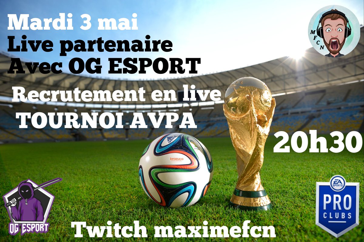 Maximefcngaming's tweet photo. Rdv 20h30 la team club pro avec vous tous TOURNOI AVPA tirage au sort des poste en live en partenariat avec la OG Esport 
Alors ramène toi prendre un poste 🏆🥇👍
#clubpro #streamfr #twitchfr #gaming #PS4live #FIFA22
https://t.co/Xt9yCO3DAD https://t.co/hdI2h1zvm1 https://t.co/r9mcVv6Jm7