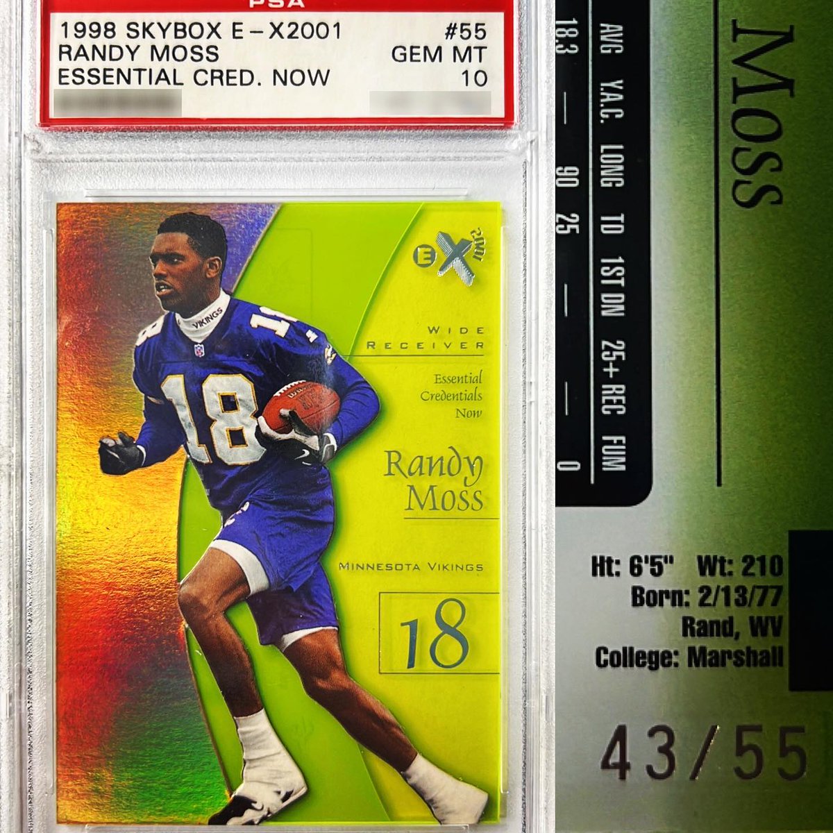 ryryweber1's tweet photo. 1998 Skybox E-X2001 Essentials Credentials Now #43/55 PSA 10 (pop. 2) Randy Moss Rookie
#randymoss #randymosscards #minnesotavikings #90scards #90sinserts #skybox #skyboxcards #essentialcredentials #credentials #skyboxcredentials #84 #straightcashhomie #marshall #whodoyoucollect https://t.co/K5Bzl71OIi