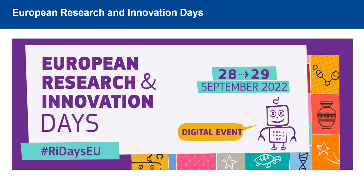 LahtinenHannele's tweet photo. Now it's official: Save the date 28-29 September for the  Research and Innovation Days 2022. Join digitally discussions on e.g. European Innovation Agenda, Europe’s resilience &amp; its strategic autonomy, European Year of Youth, European cultural creativity, HE Missions, etc @Eutifi https://t.co/27DXuZXqKZ