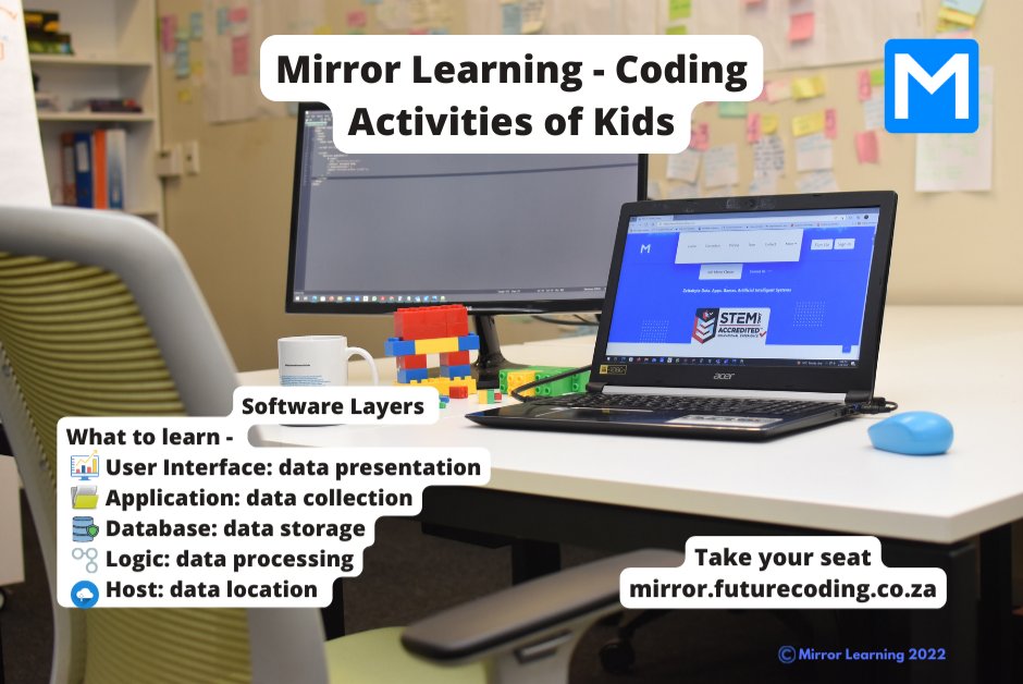 CODING ACTIVITIES FOR KIDS

Are you trying to understand software layers?

Live coding sessions 14:30 - 16h30pm, Mon-Fri, 60-90 min. 

Sign up 👉🏾🔗 mirror.futurecoding.co.za 

Tag a friend

#mirrorlearning #codingforkids #coding #wellness #maths