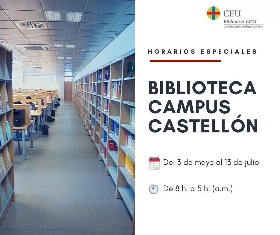 📚 En el campus de #Castellón, la <a href="/BibliotecaUCH/">BibliotecaUCH</a> permanecerá abierta de 8 h. a 5 h. de la madrugada.
❗️ Recuerda que es necesario acceder a las instalaciones de la #biblioteca con el carnet universitario.
bit.ly/3OKqMKi