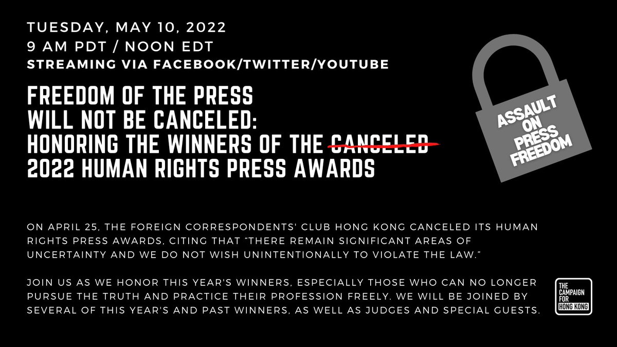 samuelmchu's tweet photo. On #WorldPressFreedomDay, we declare that the freedom of the press will NOT be canceled. 

Join us Tuesday, May 10 to honor this year's @HRPressAwards winners. Help recognize journalists who told the truth courageously and those who can no longer report freely.  #人權新聞獎 https://t.co/0M6JfvDyDC