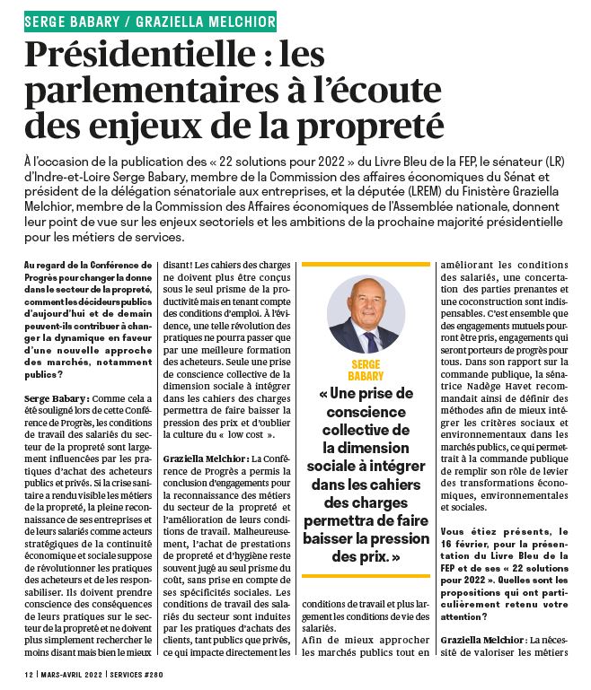 FedeProprete's tweet photo. [PRESSE] 📰Dans @Services_Mag, @GrazieMelchior (@LaREM_AN) et Serge Babary (@lesRep_Senat) reviennent sur les "22 solutions" de la @FedeProprete dans le débats des #Presidentielle2022 et #legislatives2022 et de la place des entreprises de services comme ceux de la #Propreté ↘️ https://t.co/AGMvT9yV8E