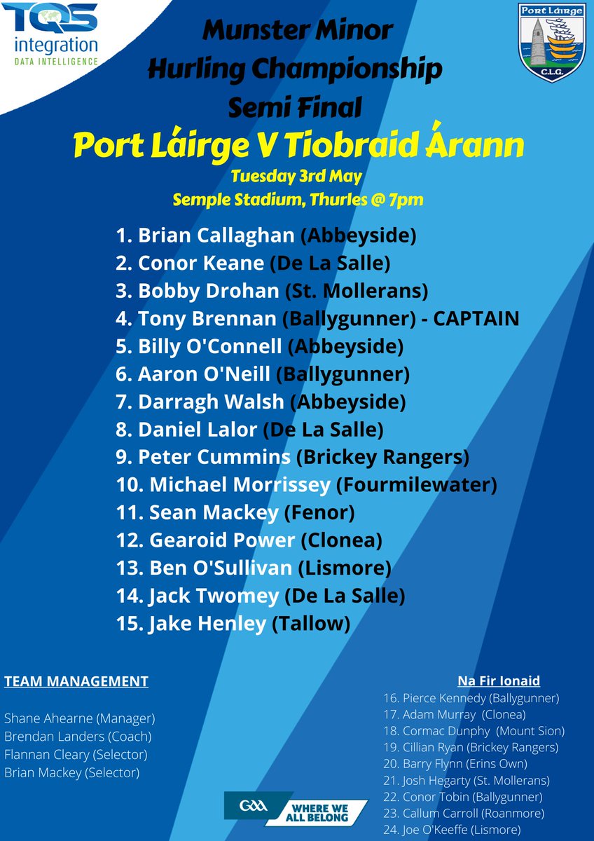 WaterfordGAA's tweet photo. The Waterford Minor Hurling Panel to face Tipperary in tonights Munster Minor Hurling Championship Semi Final has been announced ⬇️

Best of Luck to Shane Ahearne, his management team and all the panel!

#deiseabú https://t.co/7p4cd80Bg8