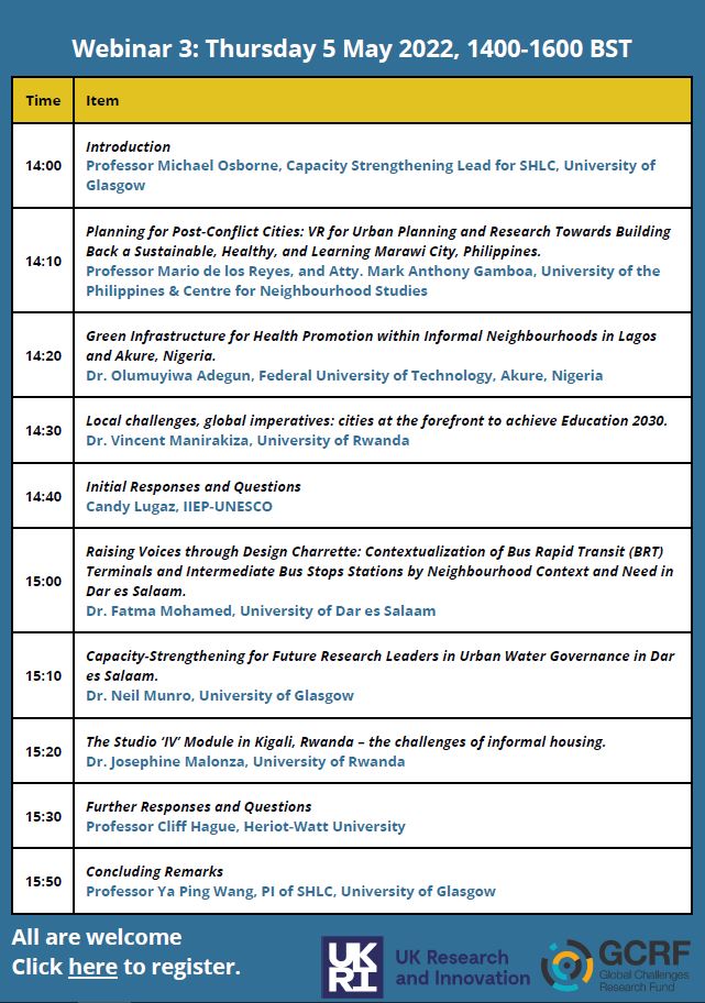 📢 Join us for the final webinar in the series 📢

*** Thursday 5 May, 1400-1600 BST ***

Capacity Development of Researchers in Africa, Asia and Latin America - Reports from the Field.

Full details and registration here 👉 centreforsustainablecities.ac.uk/wp-content/upl…