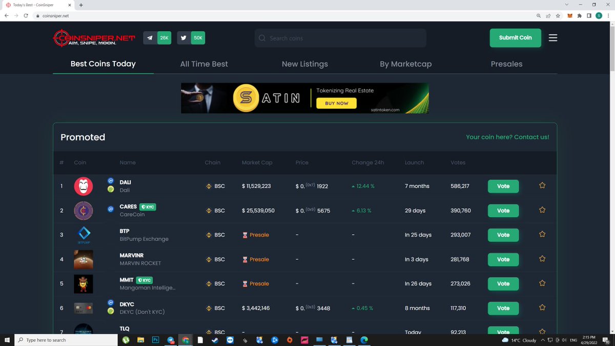 SatinToken's tweet photo. Our banners are live on #coinsniper 🥳

Join our Telegram group to stay updated and participate in giveaways!

#token #tokensale #satintoken #satin #ico #blockchaintechnology #blockchains #binance #smartcontracts #crypto https://t.co/mlJ3f1M1dd