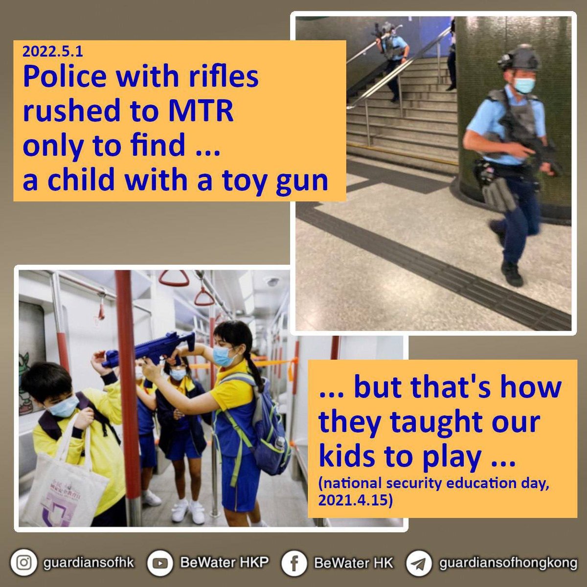 HelpSoshk's tweet photo. Police with rifles rushed to a MTR station just because a child had a toy gun...
#PoliceForce #MTR #NationalSecurity #GoHKgraphics https://t.co/AhtjKD7yGg