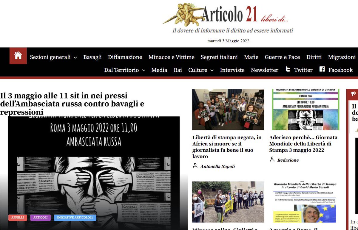 Artventuno's tweet photo. Speciale per il #PressFreedomDay di @Artventuno con articoli di @AntonellaNapoli @grazidimambro @tiz_ciavardini. Oggi tutti davanti all’ambasciata russa per ricordare i giornalisti incarcerati o uccisi in #Russia e #Ucraina senza dimenticare i colleghi turchi, siriani, africani. https://t.co/t0P4b5yWyX