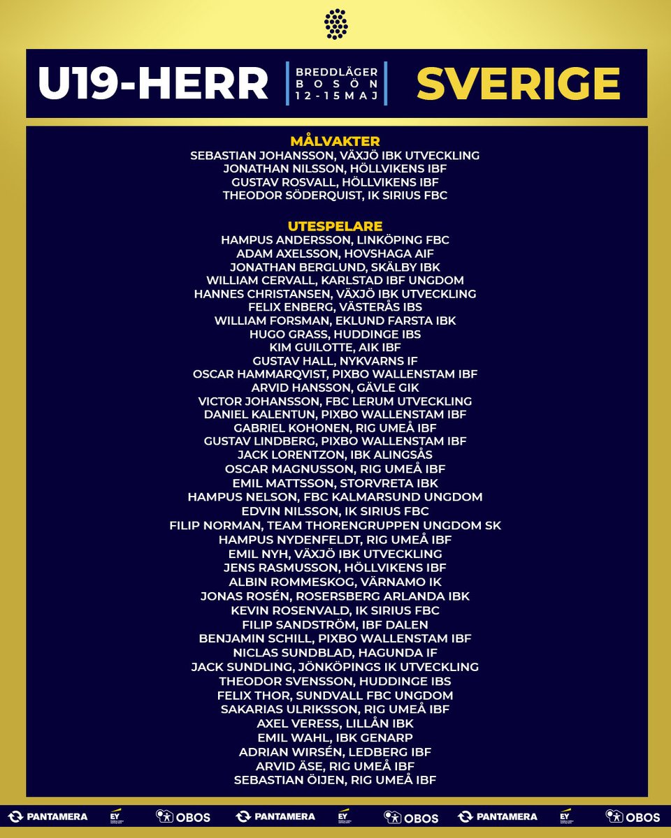 svenskinnebandy's tweet photo. Herrarnas U19-trupp till lägret på Bosön den 12-15 maj är nu officiell.
📣
Under lägret kommer det att spelas  träningssmatcher mot Täby FC och Rosersberg Arlanda IBK i K-rauta Arena i Täby. Det är gratis inträde till matcherna, som även sänds på https://t.co/oMPfVwhV9k. https://t.co/FPAkZDoTdC