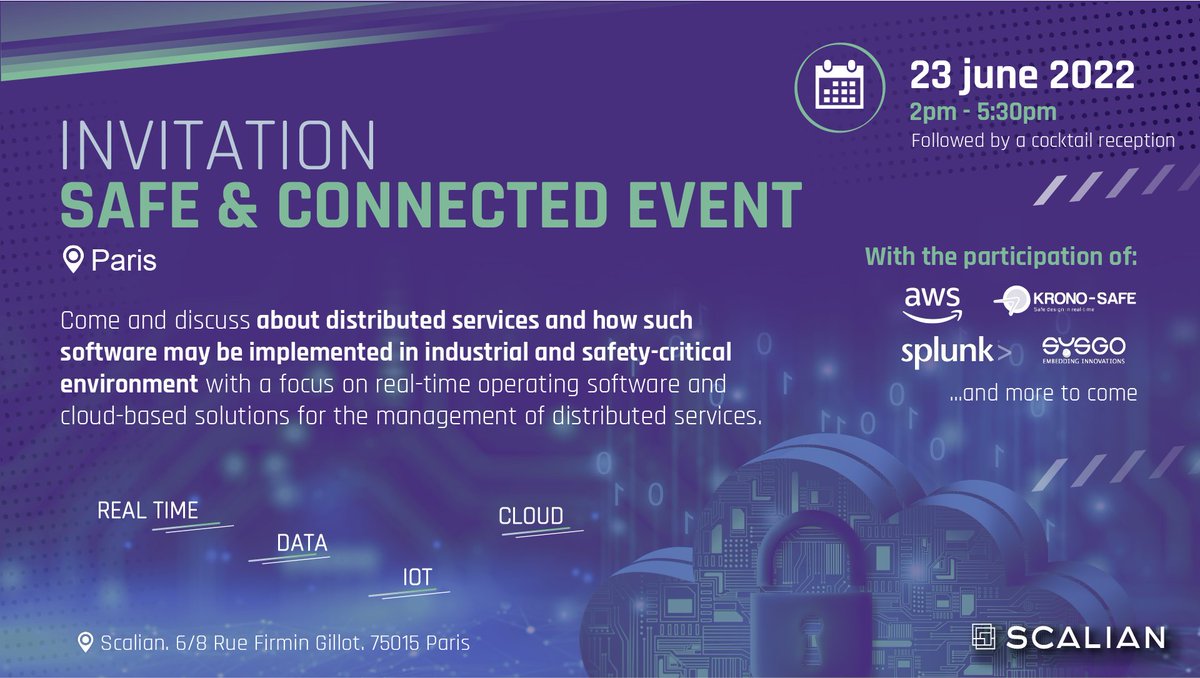 ScalianGroup's tweet photo. #event #paris
Le 23/06 venez à #SAFEandCONNECTED où il ns parlerons #distributedservices #realtime #software #cloud dans des environnements industriels. Vous pourrez échanger avec nos partenaires @AWSFrance @KRONO_SAFE @splunk @SYSGO 👉inscriptions: https://t.co/ORS3V88o5k https://t.co/2Ul3vW5tkM
