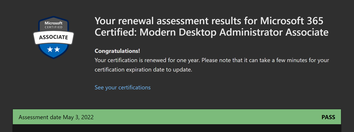 jseerden's tweet photo. Renewed the Modern Desktop Administrator Associate certification for another year 🎊 https://t.co/YhI99RT9uD