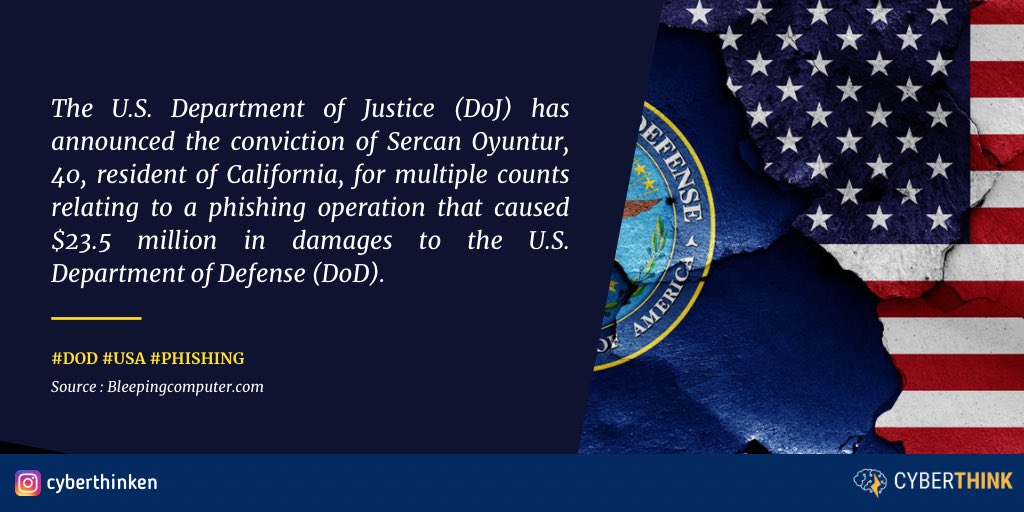cyberthinken's tweet photo. The U.S. Department of Justice (DoJ) has announced the conviction of Sercan Oyuntur, 40, resident of California, for multiple counts relating to a phishing operation that caused $23.5 million in damages to the U.S. Department of Defense (DoD).

#CyberSecurity #DoD #Phishing https://t.co/ad8zSyNPNj