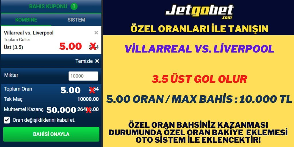 Günün Özel Oranı Geldi 🔥

↘️Özel Oran İle Kazanma Keyfi Jetgobet'de💪

⚔️#Villarreal - #Liverpool

⚽️3.5 Üst Gol Olur
 
🤩5.00 Oran / Max Bahis : 10.000 TL

Jetgobet↘️ bahislideri.social/Jetgobet