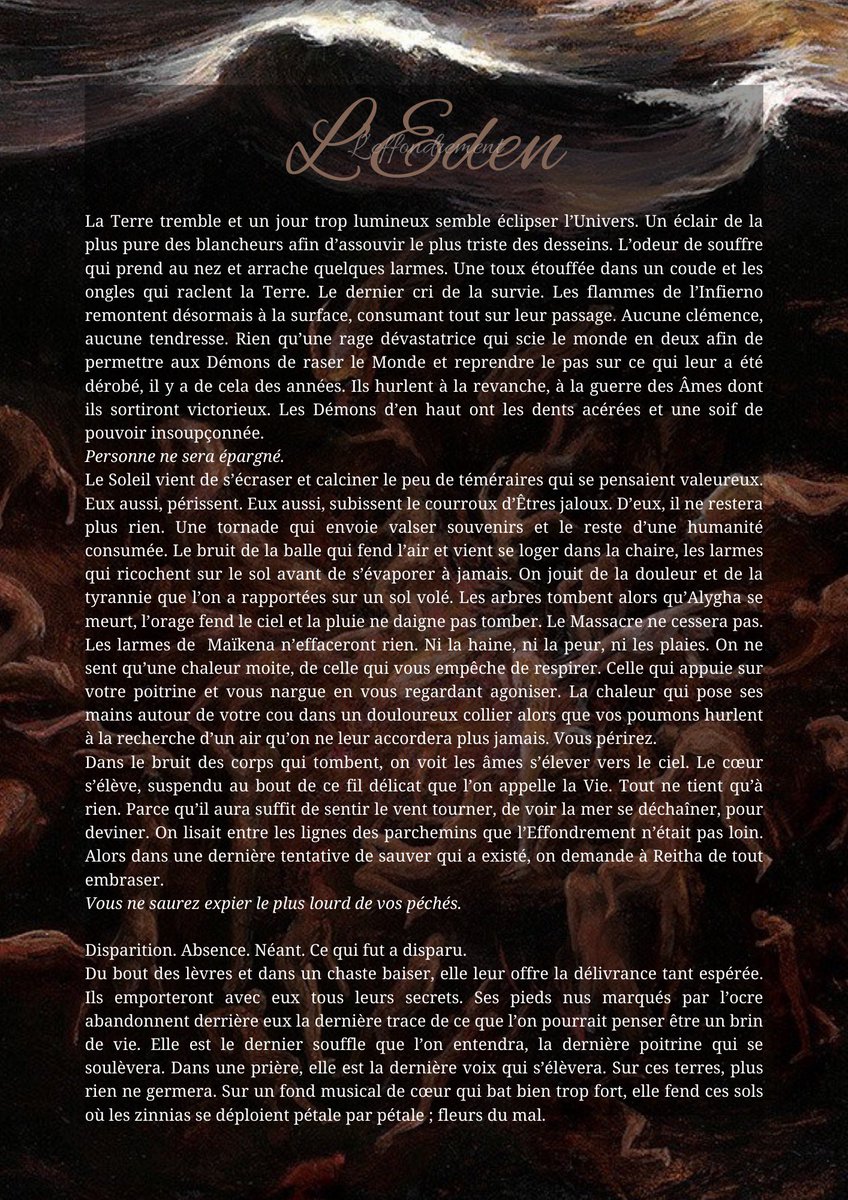 ⠀              𝙇’𝙀𝙈𝘽𝙍𝘼𝙎𝙀𝙈𝙀𝙉𝙏 —

𝐅𝐢𝐫𝐞 and 𝒘𝒂𝒕𝒆𝒓 looked so lovely together. It was a pity they destroyed each other by nature.

tw ; violence, sang, illustration de guerre.