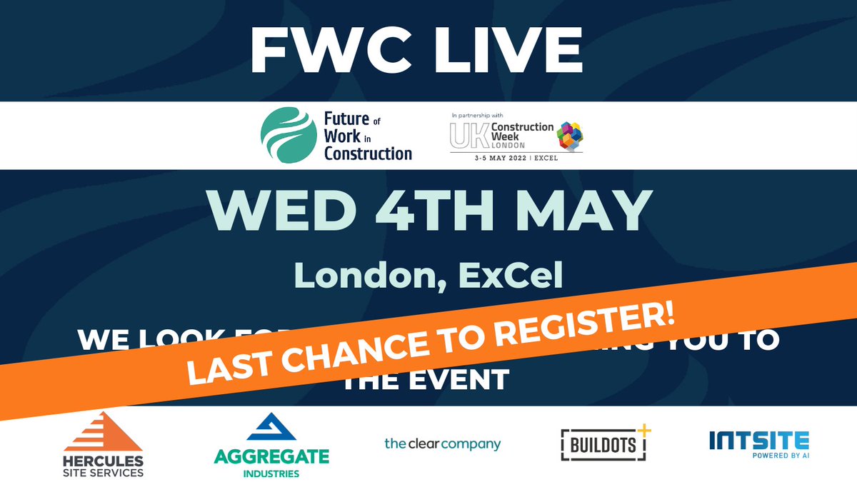 The FWC Live Form is tomorrow!

This is your last chance to book your place to this incredible event: futureofworkinconstruction.com

We can't wait to see you there!

Sponsored by -
<a href="/hercules_plc/">Hercules PLC</a> 
@AggregateUK 
<a href="/theClearCo/">The Clear Company</a>
<a href="/buildots/">Buildots</a> 
@INTSITE 

#ukcw #ukconstruction