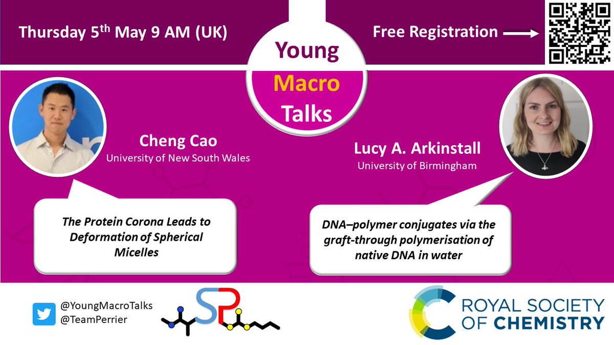 Time flies! We are excited to announce our last 2 speakers Cheng Cao and @lucy_arkinstall who will present their work on deformation of micelles through the protein corona and polymerisation of DNA macromonomers. Join us Thursday@9AM and register for free! tinyurl.com/yubsdzj9