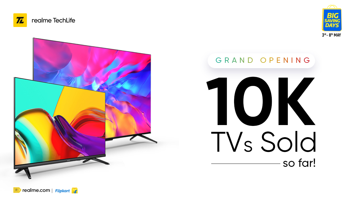 realmenarzoIN's tweet photo. Setting a real-benchmark with over 10K #realmeSmartTV units sold so far on the first day of #BigSavingDays Sale on @Flipkart!
Avail amazing offers on the #realmeSmartTVXFullHD during its first sale tomorrow at 12 PM.
Starting at ₹19,999*.
*T&C Apply
https://t.co/F4BV7tXsa9 https://t.co/SkJfEAdGLo