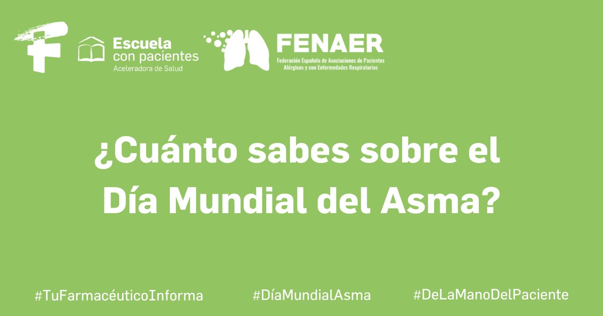 Hoy en el #DíaMundialAsma, desde <a href="/Farmaceuticos_/">Consejo General Colegios Farmacéuticos</a>  nos unimos a su celebración y queremos contribuir a visibilizar esta patología crónica con un breve cuestionario junto con <a href="/fenaer2/">FENAER PACIENTES</a> 
 
#DeLaManoDelPaciente #TuFarmacéuticoInforma