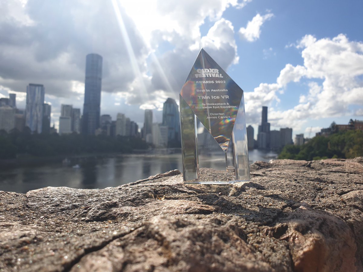 qldxrfestival's tweet photo. We've been taking photos of the trophies today before we start sending them off tomorrow to the awards winners. This one is off to the incredibly talented @Monkeystack for Best In Australia for their Thin Ice VR experience #virtualreality #vr #thinicevr #antarctica #qldxrfestival https://t.co/hqCADa8EiZ