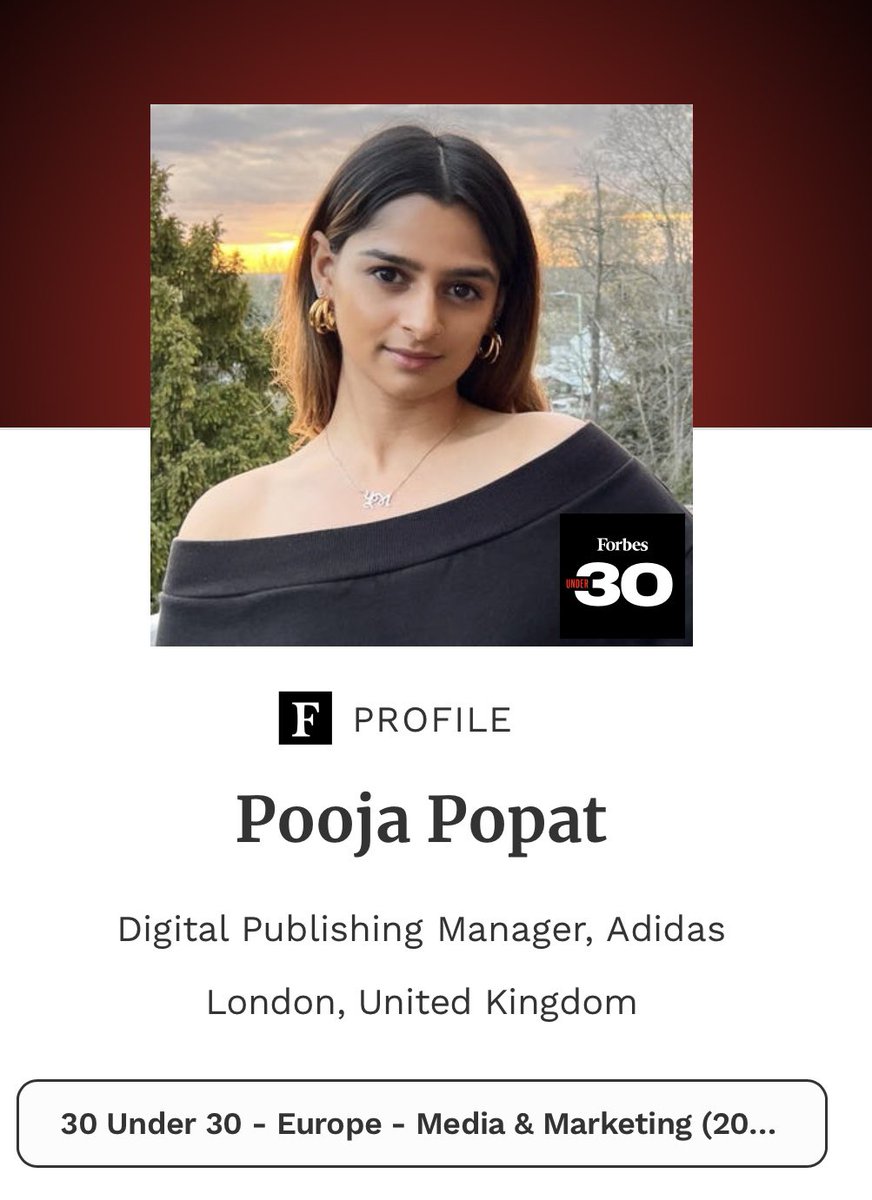 PoojaPopatx's tweet image. PP. @ForbesUnder30.
What a HUGE honour to be named one of Forbes 30 under 30 in Media &amp;amp; Marketing, lost for words 🤎
